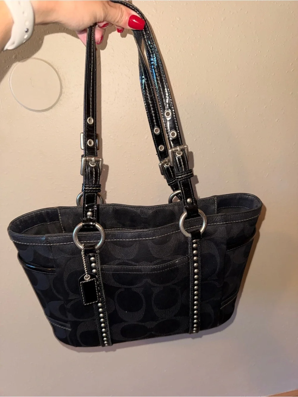 Coach Black Signature Canvas Shoulder Bag with Studded Straps